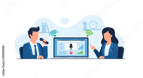 A male and female professional record a podcast or interview at a desk with a laptop displaying audio settings in a clean office with a cool blue motif.