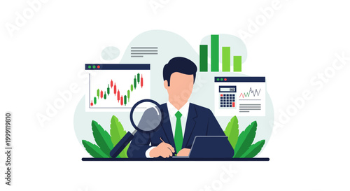 A professional financial analyst examines complex stock market trading charts on a digital screen while sitting at a clean desk in a brightly lit modern office.