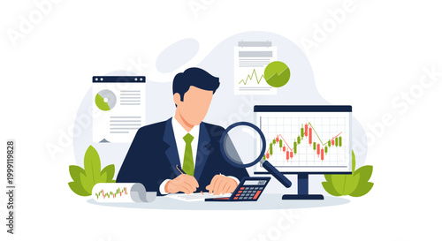 A dedicated financial advisor reviews printed documents and stock market trends on a computer monitor while sitting at an organized workspace with light green decor.