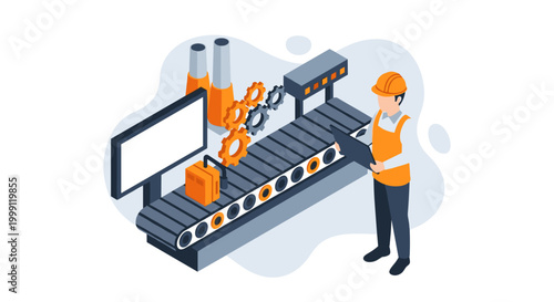 An industrial worker wearing a safety helmet and orange vest inspects the mechanical operation of an automated conveyor belt system in a clean factory environment.