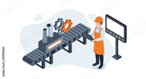 An industrial engineer wearing an apron and safety helmet monitors the production output on a digital console beside an automated conveyor belt in a facility.