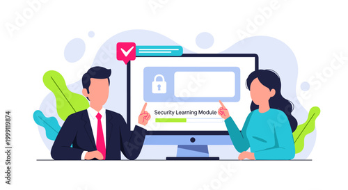 A man in a formal suit and a woman in a casual sweater point toward a cybersecurity learning module displayed on a large computer monitor in an office.