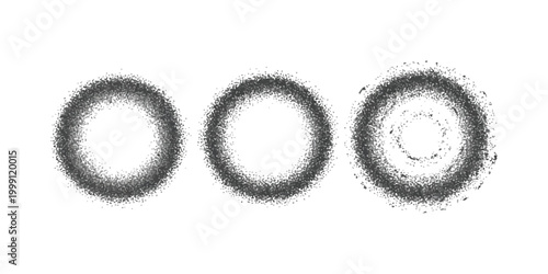 Three black circles made of scattered ink dots and rough grain texture in a minimalist graphic design style
