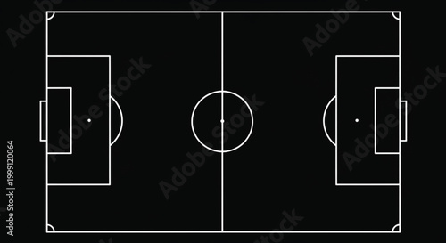 Soccer field top view vector showing football pitch layout with goals, center circle, and markings in black .