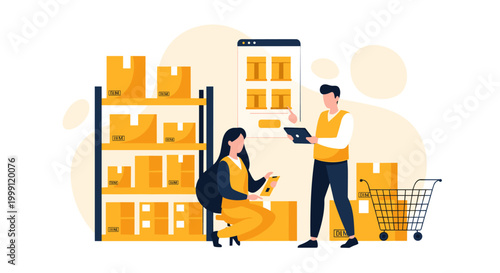 Two warehouse employees wearing yellow vests manage product inventory using a digital tablet and a virtual interface while standing near organized metal shelving units.