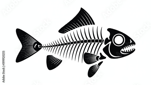 An illustration of a black and white silhouette fish skeleton.