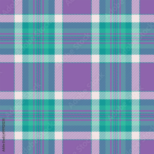 Mix tartan pattern fabric, open textile vector background. Woven plaid check seamless texture in teal and amethyst colors.