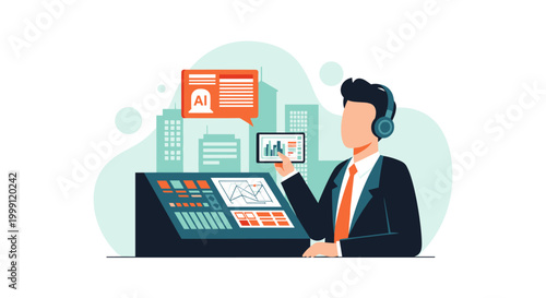 A male support agent wearing a headset and formal suit controls a digital console with floating data displays in a bright, minimalist office setting with muted tones.