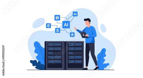 A technician wearing a blue shirt interacts with a digital blockchain and cryptocurrency network diagram floating above a massive server cabinet rack in a data center.