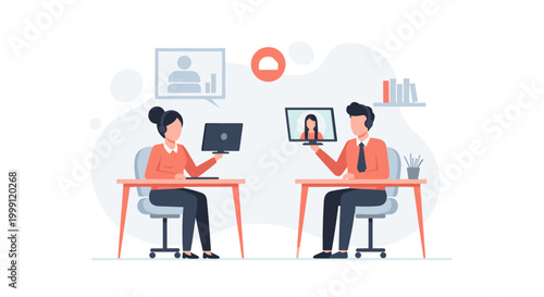 Two colleagues engage in a digital remote collaboration session by holding up computer screens in a light office setting with a soft cloud icon floating in between.