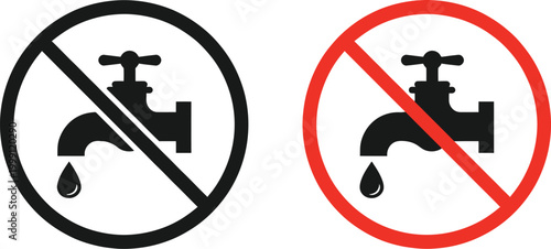Icons of faucets, water drops and prohibition signs for water conservation liquid on transparent background. No water faucet signs vector illustration red and black circular prohibition icons vector. 