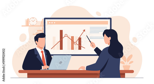 A business professional explains a visual bar and line data chart on a large wall display while her male partner sits at a laptop workstation desk.