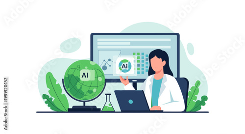 A researcher wearing a white lab coat interacts with an artificial intelligence globe projection and digital holographic interface in a modern laboratory research facility.
