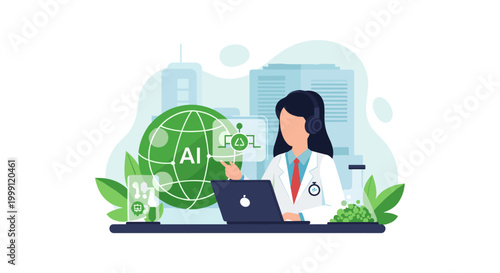 A technical specialist with a headset works on a laptop while presenting an artificial intelligence network globe simulation in a bright modern office research lab.