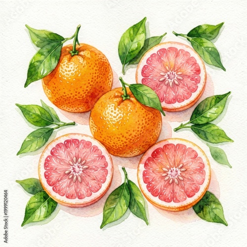Fresh Grapefruits and Leaves in Watercolor Illustration