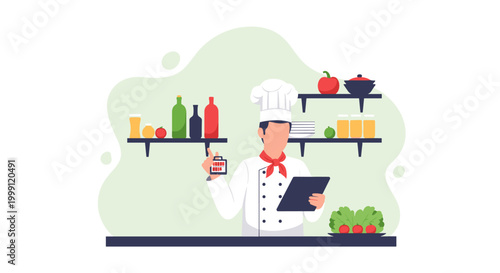 A professional chef in a white uniform holds a tablet device while preparing fresh ingredients behind a kitchen workspace in a bright and airy culinary setting.