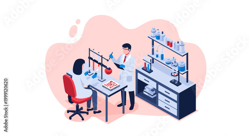 Two laboratory researchers in white coats analyze chemical samples and test tubes on a workbench using tablets to record data in a bright, modern scientific environment.