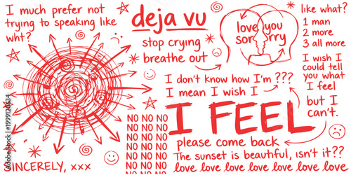 Handwritten notes and emotional doodles with red text and sketches expressing feelings and thoughts on a paper sheet