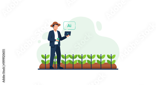 A man dressed in a professional suit jacket and straw hat inspects crop health with a laptop and a sample bottle in a cultivated field featuring light pastel tones.