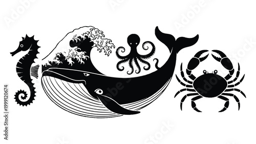 An illustration of a whale, octopus, seahorse, and crab in the ocean.