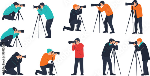 Professional photographers shooting with cameras and tripods collection vector illustration creative people capturing photos for media and photography design