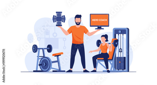 A muscular fitness coach holds a weight component and a digital screen while a woman performs barbell exercises in a gym setting with vibrant orange and blue color accents.
