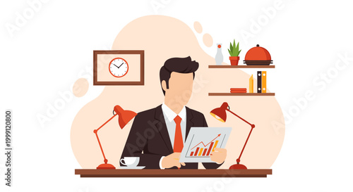 A male executive in a formal suit reviews rising business performance data while sitting at a wooden desk with desk lamps in a professional office environment.