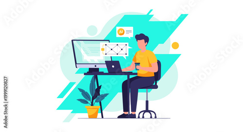 A professional developer sits at a desk using a laptop and desktop computer to analyze a complex artificial intelligence network diagram in a bright office space.