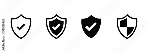 Set of shield icons with checkmarks in various black and white styles for security and protection concepts isolated on white background