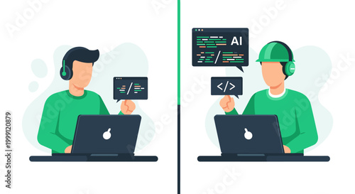 A dual display graphic showing a software programmer and an artificial intelligence engineer wearing a hard hat working on laptops with code snippets in a bright workspace.