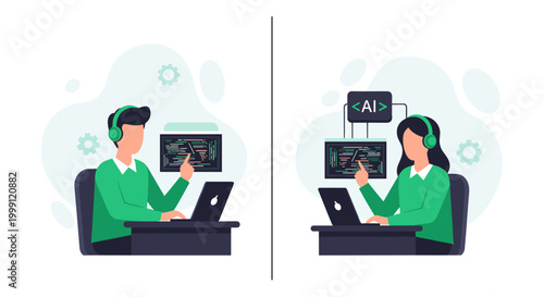 A split screen composition featuring a male programmer and a female coder both using headsets to interact with software windows in a collaborative virtual work environment.