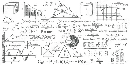 Hand drawn mathematical formulas and geometric shapes on a chalkboard