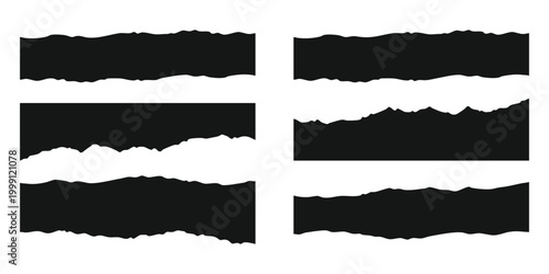 Set of black torn paper strips with rough jagged edges for design projects