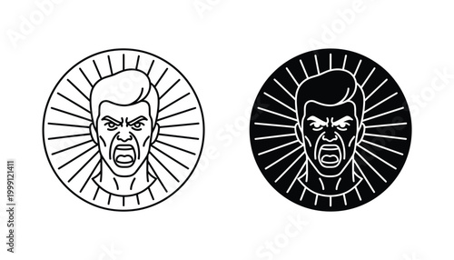 Angry man face inside circular sunburst emblem for character design and aggressive brand identity vector graphic