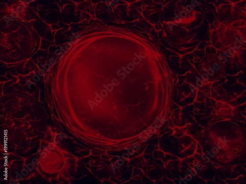 A black hole in space, with haze and red colors representing the radiant energy scattered around it. This digital illustration on a tablet is used as a background image in a quantum science theme.