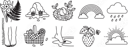 Collection of simple line art food and plant icons set vector Vector