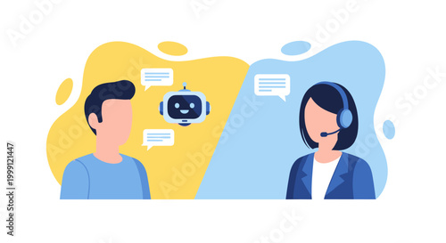 A male customer speaking to a virtual robot support assistant while a professional female agent wearing headphones listens on a divided yellow and light blue background.