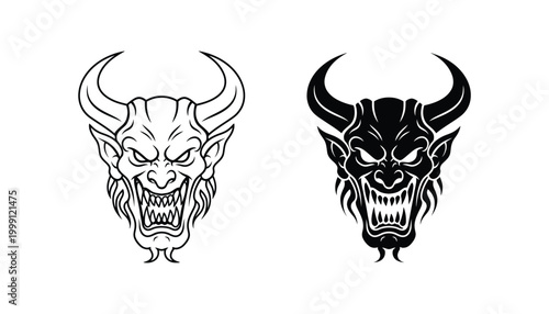 Demon head mascot with curved horns in aggressive fantasy style vector graphic for sports team and gaming branding