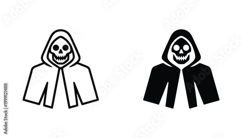 Grim reaper hooded skull icon in flat vector style for dark fantasy gaming and horror themed graphic design