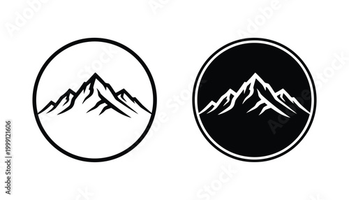 Majestic mountain peaks inside a circular frame in minimalist line art and solid black silhouette style for outdoor adventure branding and logo design