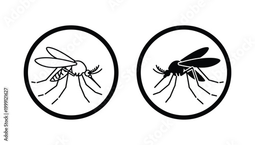 Detailed mosquito insect icon inside a circular frame in minimalist line art and solid black silhouette style for pest control and biology educational materials