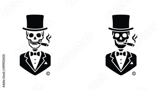 Sophisticated skeleton gentleman wearing a top hat and bowtie smoking a cigar in minimalist line art and solid black silhouette style for luxury or edgy branding