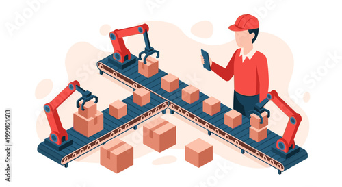 A warehouse worker holding a tablet oversees an automated manufacturing conveyor system with robotic arms handling cardboard packages in a bright industrial facility setting.