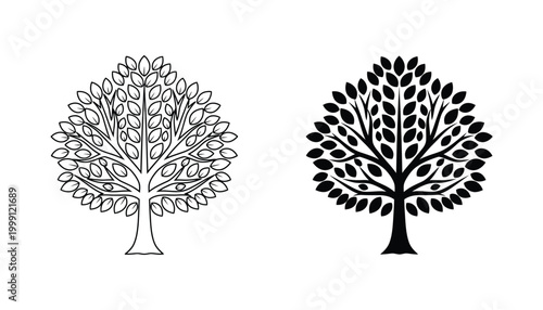 Detailed deciduous tree silhouette in outline and solid black vector illustration for nature conservation and environmental design projects