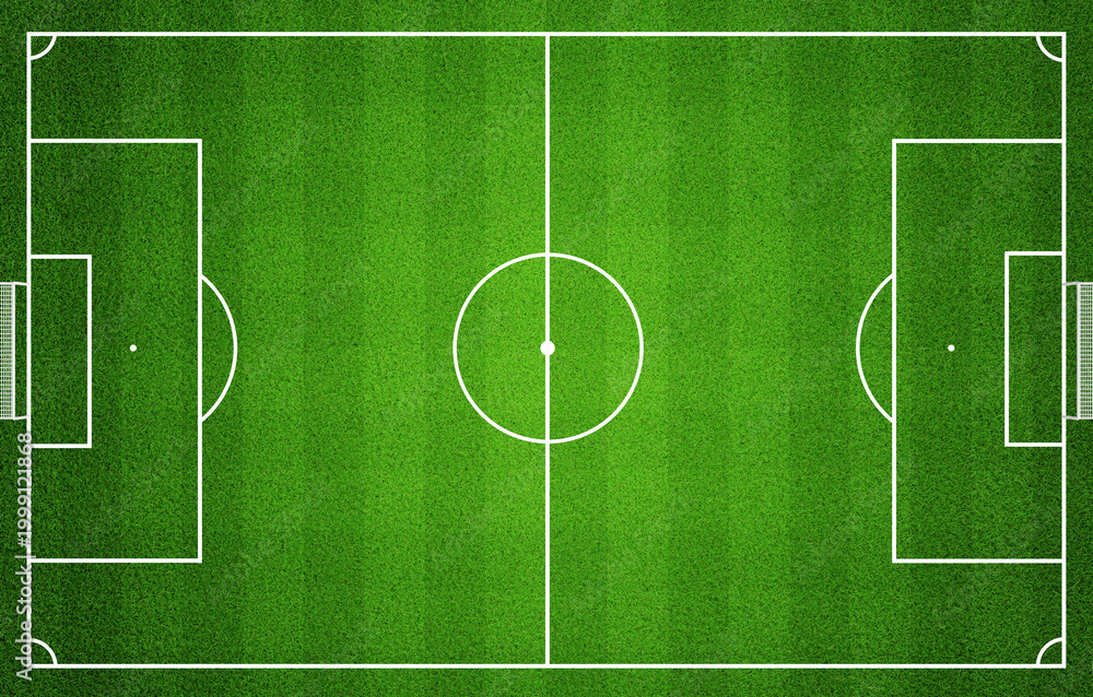 Fototapeta premium Top view soccer field background with detailed grass texture and white markings