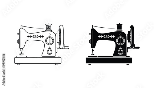 Vintage sewing machine icon set with detailed decorative patterns in outline and solid black graphic design for tailoring and fashion industry