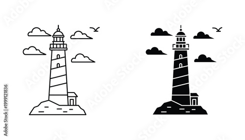 Lighthouse on rocky coast icon set with clouds and birds in line art and solid black graphic design for maritime and travel branding