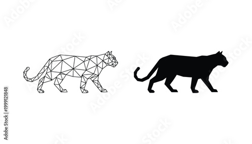 Geometric panther silhouette and low poly wireframe vector set for wildlife and modern abstract graphic design projects