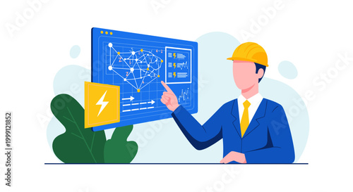 A professional electrical engineer in a yellow construction helmet gestures towards a glowing blue screen showing complex power nodes and bright lightning bolt icons.
