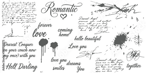 Set of romantic handwritten calligraphy phrases and ink splatters for love letters and creative design projects